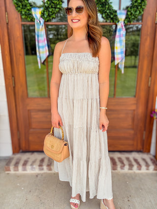 Mocha Brown Stripe Shirred Empire Waist Midi Dress