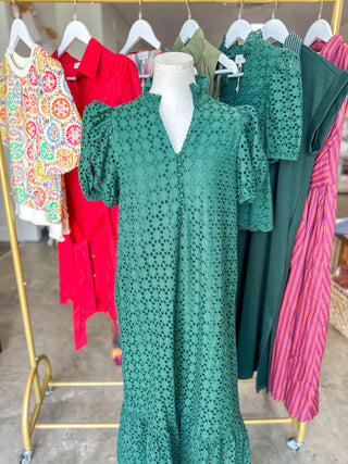 Hunter Green Sweet Eyelet Moments Midi Dress