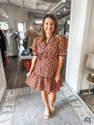 Autumn Mosaic Belted Scallop Trim Mini Dress