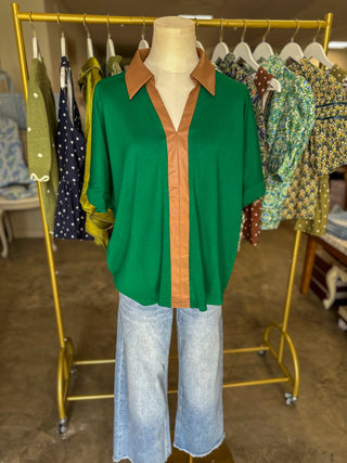 Green Windsor Contrast Collared Top