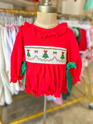 Christmas Smocked Girls Romper W/ Green Bow & Tree Embroidery