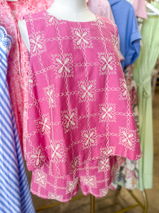 Pink Delicate Thread Embroidered Shorts Set
