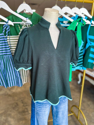 Forest Green Perfectly Scalloped Contrast Trim Top