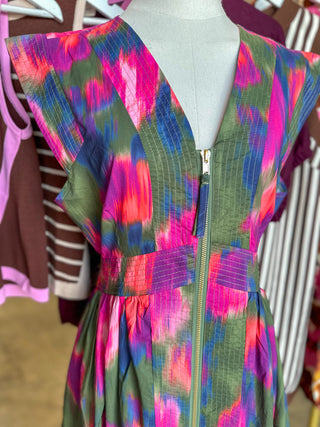 Magenta Bold Botanicals Zip Midi Dress