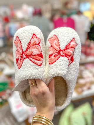 Plush Pink/Red Bow Fuzzy Slippers