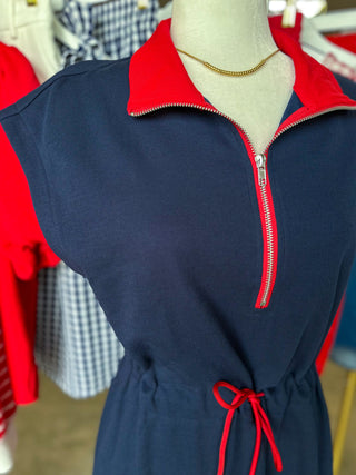 Navy & Red Detailed Zip Up Collared Drawstring Waist Dress