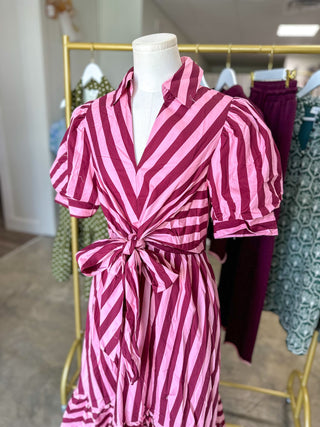 Pink & Wine Stripe Society Tie Waist Maxi Dress