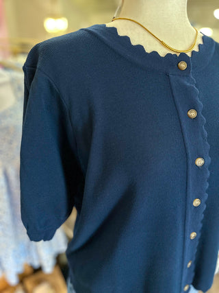 Navy Darling Scallop Button Up Short Sleeve Top