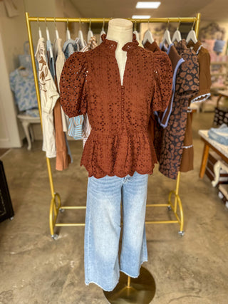 Brown Eloise Eyelet Peplum Top