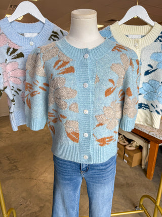Blue Taupe Petal & Knit Short Sleeve Cardigan