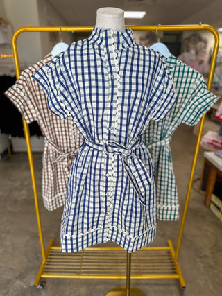 Navy Honeyfield Gingham Scallop Trim Belted Mini Dress