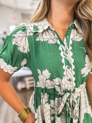 Green Evening Petals Short Sleeve Midi Dress