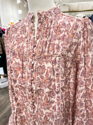 Whispering Rose Floral Print High Neck Lace Trim Dress