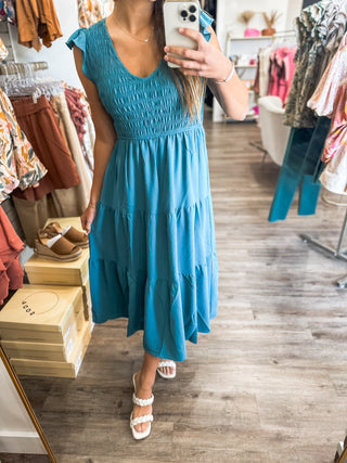 Teal Never Too Classy Smocked Midi Dress