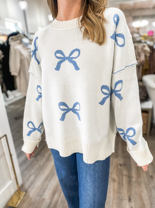 Girly Touch Blue Bows Long Sleeve Sweater Top