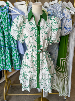Green Eyelet Dream Belted Mini Dress