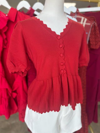 Brick Noelle Scallop Trim Peplum Knit Top