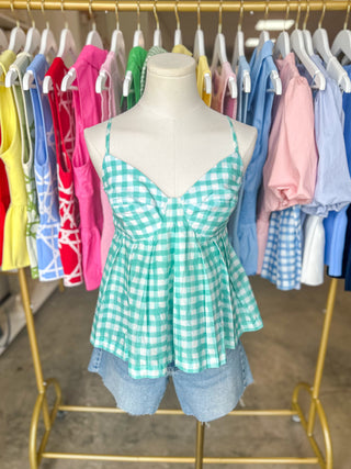 Mint Green Summer Gingham Peplum Tank Top
