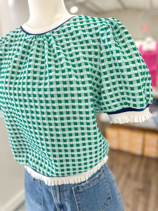 Teal/Forest Green Gingham Textured Ruffle Band Top