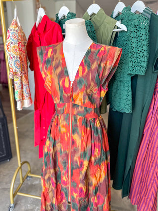 Rust Bold Botanicals Zip Midi Dress