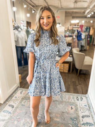 Blue Colette Feminine Ruffle Collar & Sleeves Mini Dress