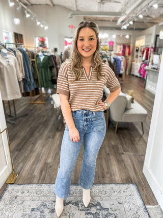 Taupe Preppy Perfection Short Sleeve Collared Stripe Sweater Top