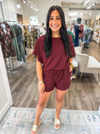 Burgundy Easy Breezy Textured Knit Shorts SET