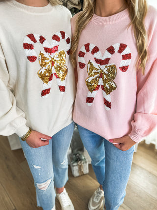 Ivory Candy Cane Sweetness Christmas Sequin Sweater