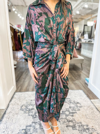 Hunter Green Printed Satin Front Tie Maxi Dress