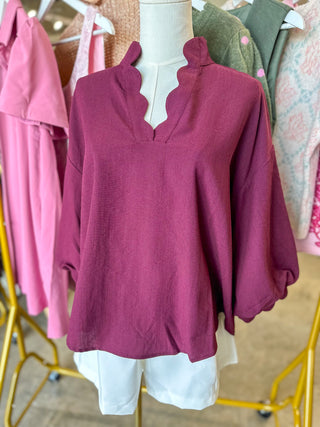 Plum Green Autumn Elegance Scallop Trim Top