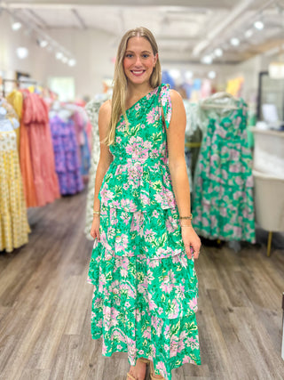 Green/Pink Pretty in Paradise Floral One Shoulder Midi Dress
