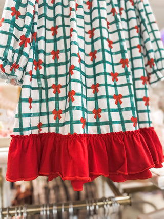 Green & Red Plaid Bow Ruffle Gown