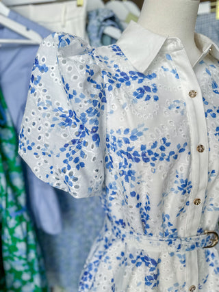 Blue Eyelet Dream Belted Mini Dress