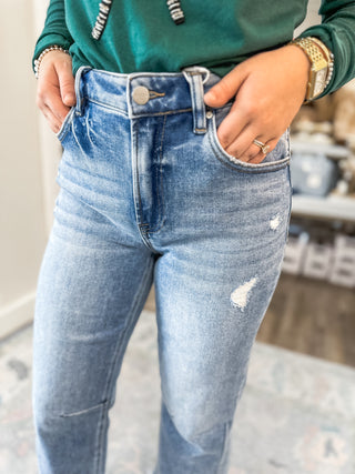 Nellie Medium Wash High Rise Crop Straight Distressed Hem Jeans- Risen