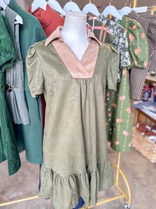 Olive Vinyard Stroll Ruffle Suede Mini Dress