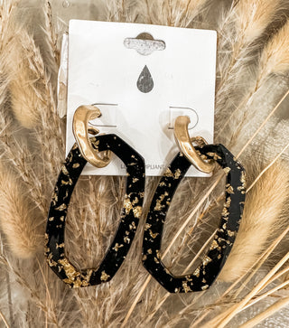 Black With Gold Flakes Acrylic Open Oval Earrings