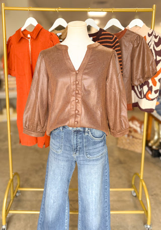 Brown Sleek Buttons Faux Leather Top