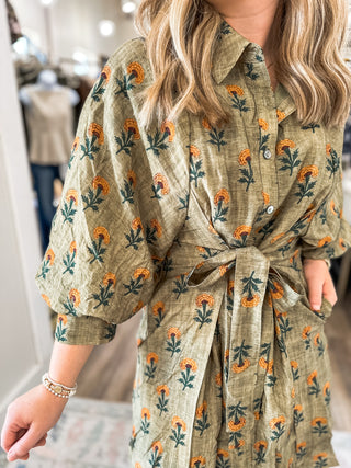 Olive Floral Whispers Tie Waist Mini Dress