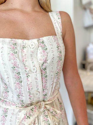 Pink Floral Striped Dropped Waist Button Down Dress