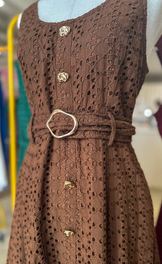 Brown Charlotte Eyelet Belted Maxi Dress