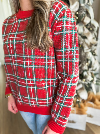 Clear Sequin Red/Green Plaid Christmas Pullover