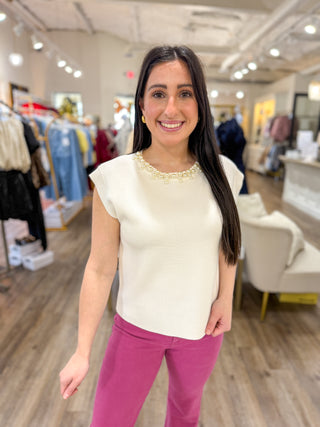 Cream Pearl Jeweled Neck Trim Top