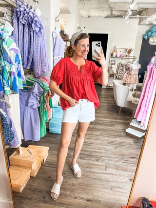 Red Textured Mini V Neck Poplin Top