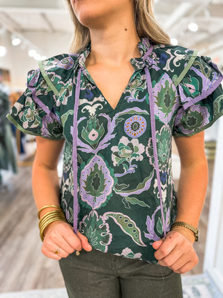 Green Luna Vine Ruffle Sleeve Top