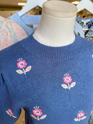Mae Girl Blue Half Sleeve Finely Embroidered Sweater Top