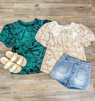 Taupe Fall Floral Roses Textured Puff Sleeve Velvet Top