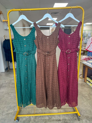 Brown Charlotte Eyelet Belted Maxi Dress