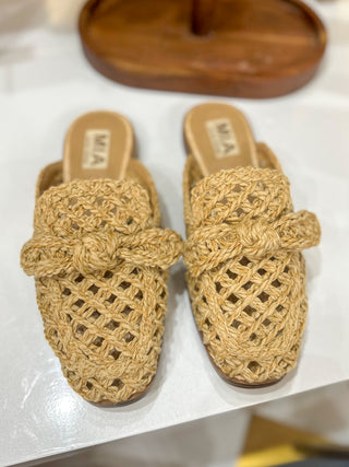 Natural Raffia Lacey Bow Detail Mule Flats