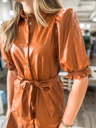 Camel Classic Charm Faux Leather Belted Mini Dress