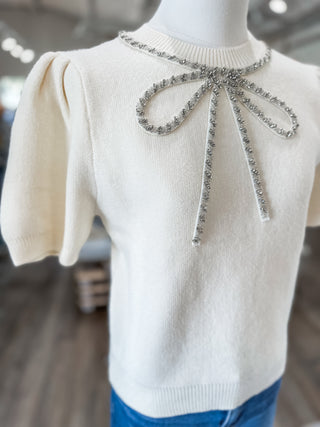 Cream Glitz & Grace Beaded Crystal Bow Sweater